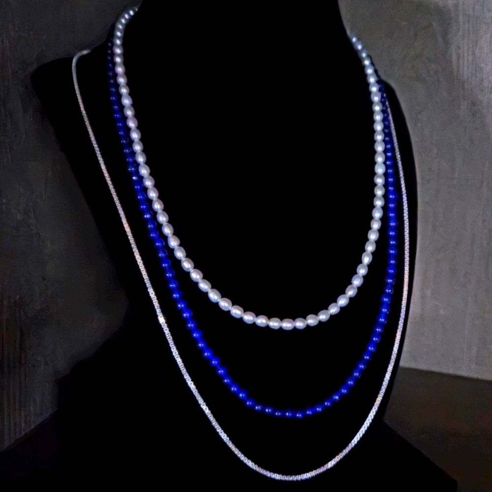 NICKY BUTLER Necklace LOT Pearl, Blue Quartzite 925 Sterling Silver Box Chain NB